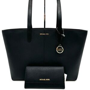 Michael Kors Medium Jet Set Travel Zip Tote Bag & Trifold Wallet Black/Gold